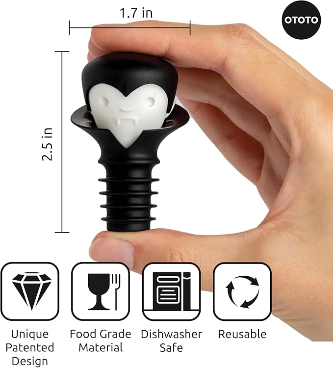 OTOTO Wine Stoppers & Pourer - Halloween Gifts for Wine Lovers, Spooky Wine Bottle Stopper, Wine Goth Accessories, Fun Kitchen Gadgets (Count Corkula)
