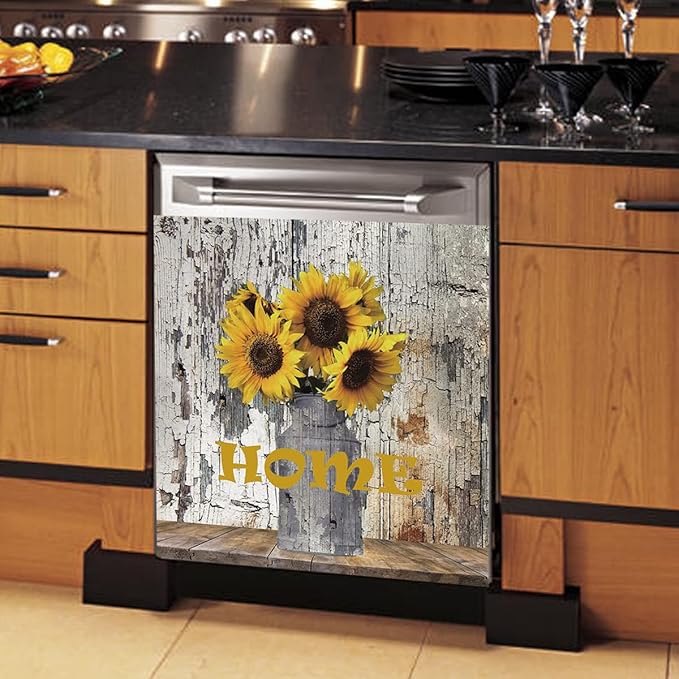 Farmhouse Vintage Dishwasher Magnet Cover Decorative,Painting Sunflower Dishwasher Cover For The Front,Dishwasher Magnetic Sticker Fridge Decal Refrigetor Magnets Appliance Cover 23"x26"