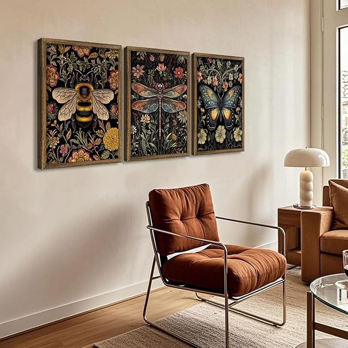 3 Pcs Framed Retro Insect Wall Art Decoration Paintings