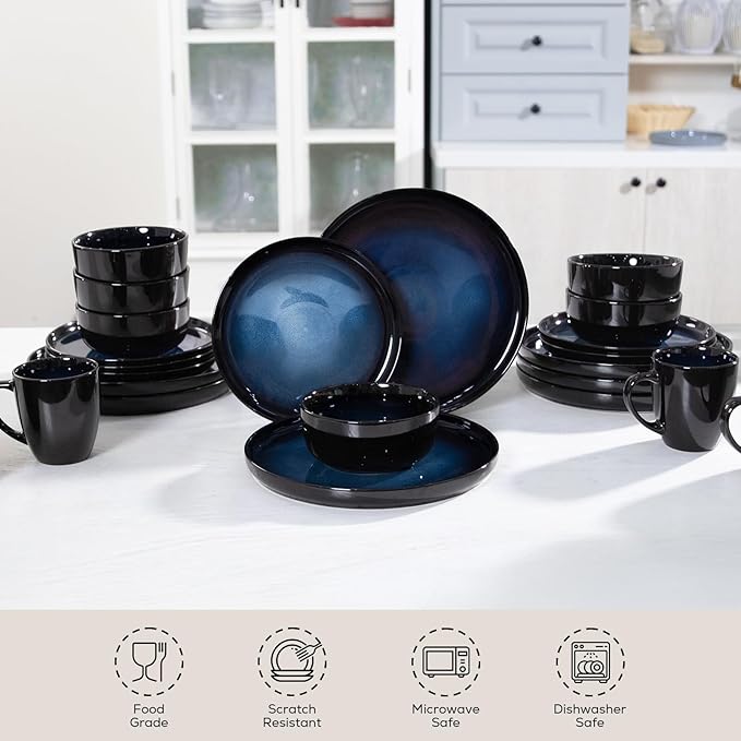 Romswi Ceramic 18Pcs Dinnerware Sets,Stoneware Plates and Bowls Set for 6, Chip & Scratch Resistant Dish Set, Handmade Reactive Glaze, Oven, Microwave & Dishwasher Safe, Dreamy Moonlight-Blue