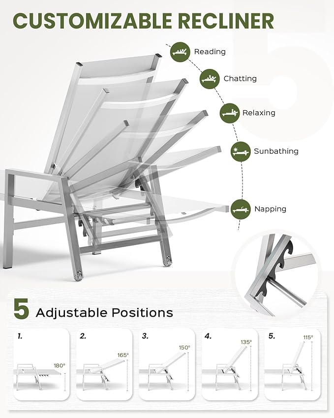 Patio Chaise Lounge Chair Outdoor Set of 2 with Wheels&Armrests, Aluminum Pool Lounge Chairs Five-Position Adjustable Recliner, Outdoor Beach Lounge Chairs for Poolside, Patio, Deck, Yard, White