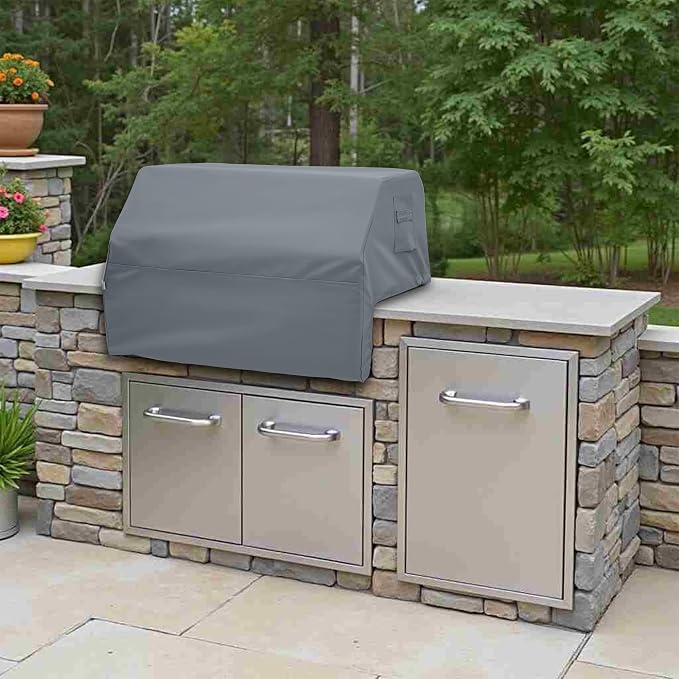 Covers & All Built-in Grill Cover for Outdoor Grill – Heavy Duty 12 oz Waterproof Built-in BBQ Grill Cover, PVC-Coated Polyester with Elastic Hem for Snug Fit (45 x 29 x 26 inches, Grey)