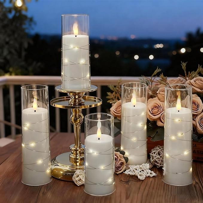 Raycare Flameless Candle with Remote Timer – 9 Flickering Acrylic Battery Operated LED Pillar Candles with Embedded Star String for Christmas, Home Decor, and as a Gift (White)