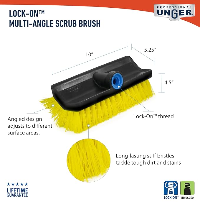 Unger Professional HydroPower Lock-On 10?€? Bi-Level Scrub Brush, Cleaning Supplies, Scrubber Tool, Compatible with Waterflow Poles, Use in Garage, Driveway, Deck, Concrete, Cement, and Brick