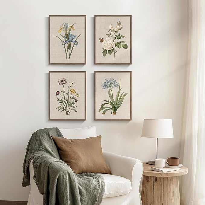 Framed Vintage Botanical Wall Art, 4 Piece Rustic Floral Painting Canvas Prints