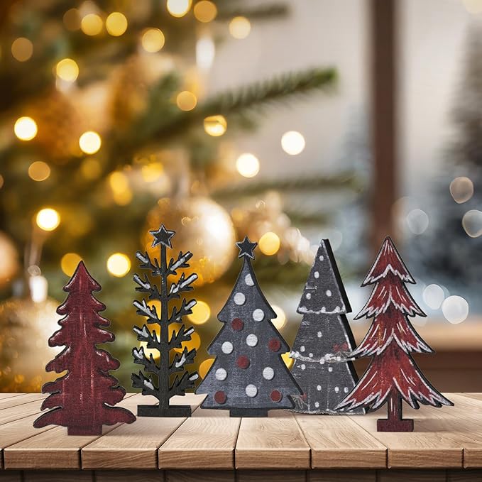 Smile 5 Pcs Wooden Blocks Christmas Trees Signs, Snow Tiered Tray Decorations, for Home Table Shelf.