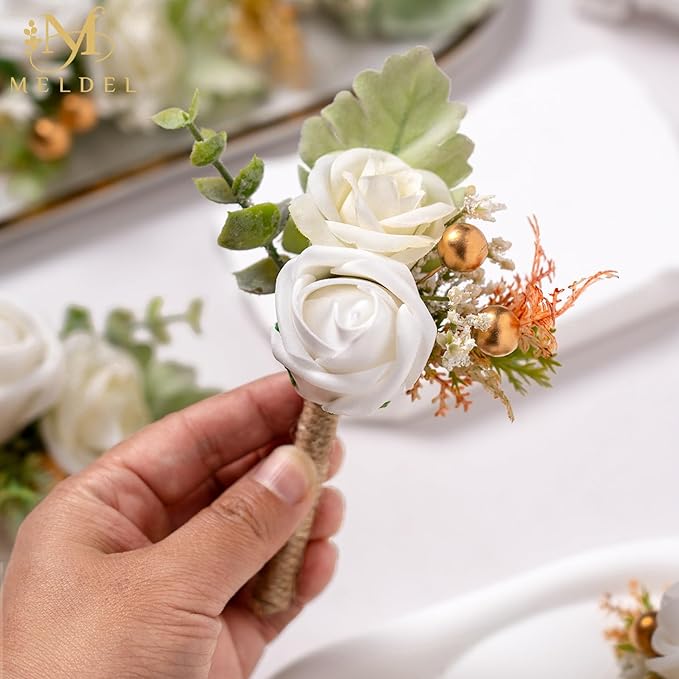 Meldel White Boutonniere for Men Wedding,Set of 6,Groom and Groomsman Boutonniere for Wedding,Greenery Rose Corsage for Men Ceremony Anniversary Party Prom Homecoming