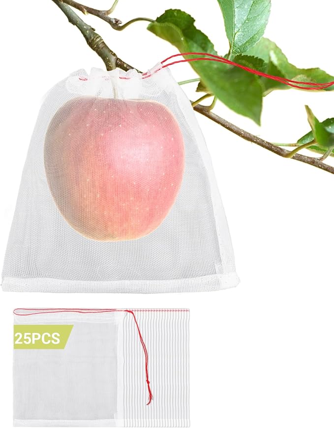 Fruit Bags for Fruit Trees, 25pcs 6x6 in Fruit Protection Net Bags, Garden Netting Mesh Bags with Drawstring Keeping Away Birds Pests Squirrels, Bug Net Bags