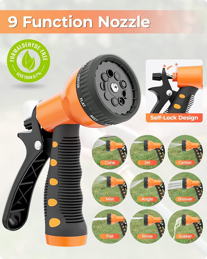 Ayleid Retractable Rubber Hybrid Garden Hose Reel, 1/2"x100ft Wall Mount | Anti-freeze, kink-free premium rubber hybrid hose, 24-month warranty, 9-pattern sprayer, any-length lock, slow auto-return.