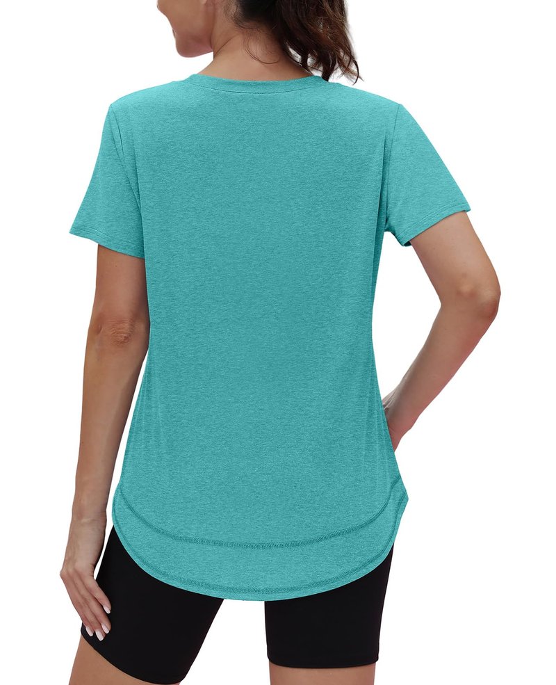 Short Sleeve Shirts for Women Workout Yoga Tops Sun Protection Clothing Summer Outfits Rash Guard Side Slit Teal XL