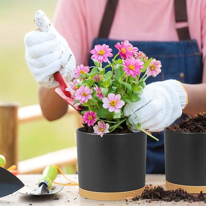 10/8/6 inch Large Deep Plant Pots for Outdoor Indoor Plants, 3 Pack Tall Cylinder Flower Pots with Drainage Holes and Saucers, Big Plastic Planter Pots for Garden House Porch, Black with Brown
