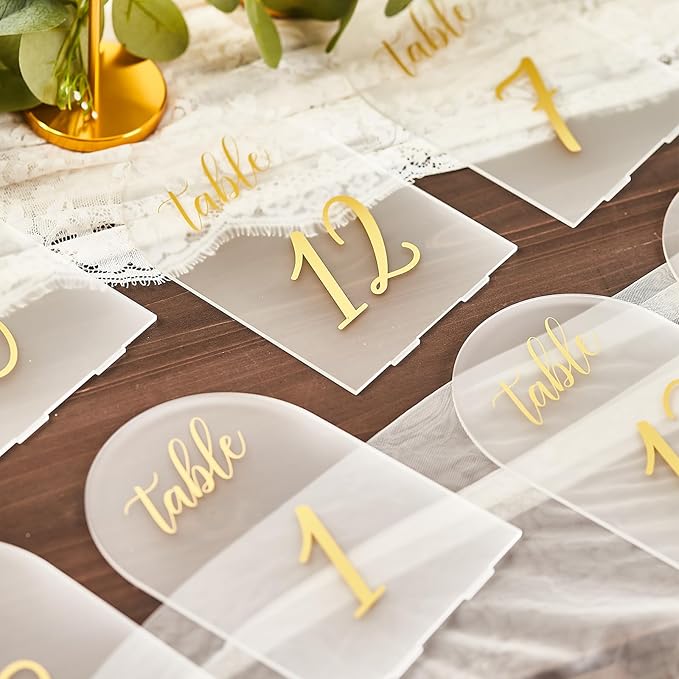 SHINVALE Arch Acrylic Wedding Table Numbers with Gold Foil Font – Frosted Finish, Elegant Modern Design with Stands, Easy Assembly Table Signs for Weddings, Parties & Events (15, 5" x 7")