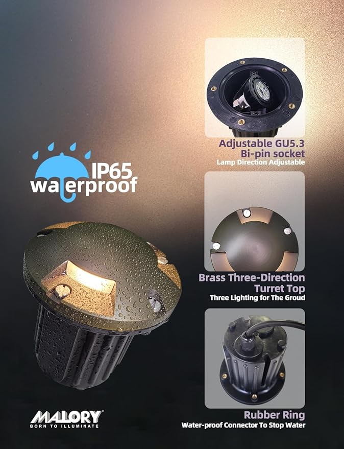 MALORY Brass Top Cover Landscape Well Lights,（5‘’H 12V Low Voltage Outdoor In Ground Lights,Landscape Lighting for Pathway, Driveway and Garden (Three-Direction Turret, 4-Pack with Bulb)