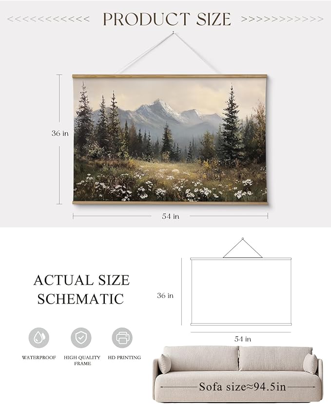 ARPEOTCY Extra Large Vintage Framed Wall Art, 36x54 Inch Wildflower Mountain Forest Hanging Framed Canvas Prints Scroll Wall Art Decor for Living Room Bedroom, Retro Scenery Pictures Above of Bed