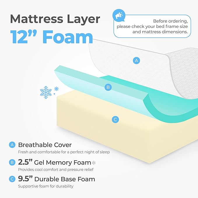 Neo Sleep 12 Inch Queen Medium Firm Cooling Gel Memory Foam Mattress for Cool Sleep Pressure Relieving CertiPUR-US Certified Foam, Mattress in a Box Fiberglass Free (Queen, 12 in)