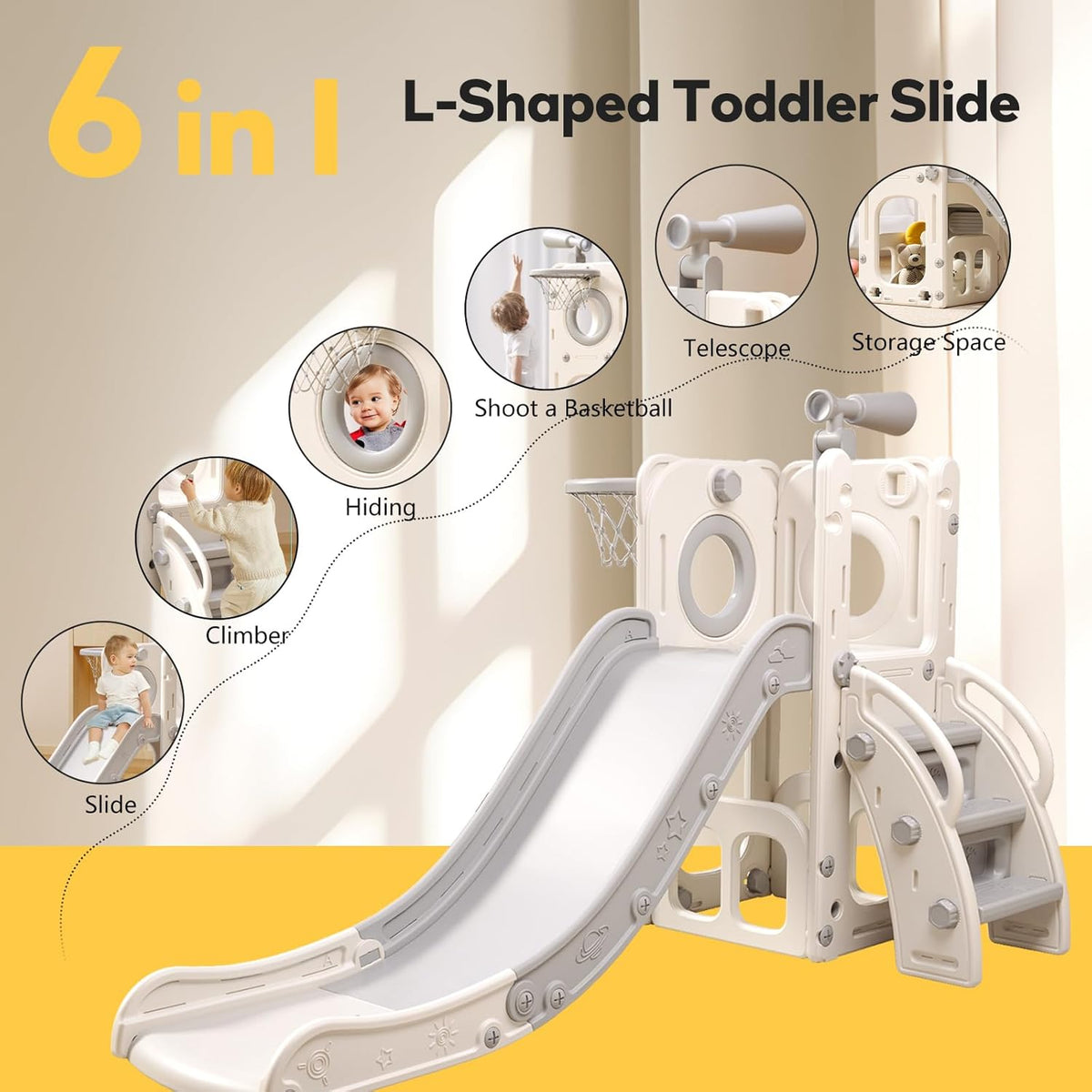 Skiennix 6-in-1 Toddler Playset - Versatile Slide with Basketball Hoop & Ring Toss | Indoor/Outdoor Fun