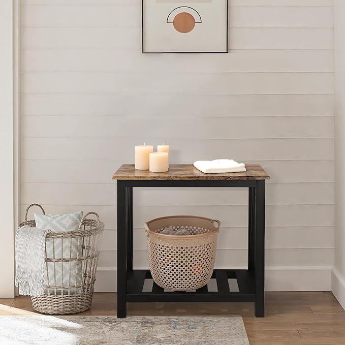 Narrow Side Table Rectangular End Tables with Storage Shelf Small Industrial Nightstands Bedside Table for Small Spaces Living Room Bedroom Bathroom Brown Smooth Tabletop and Black Legs