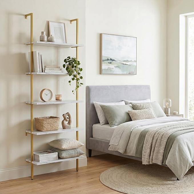 aboxoo Ladder Shelf White Marble Bookshelf 5-Tier Wall-Mounted Wood Rack