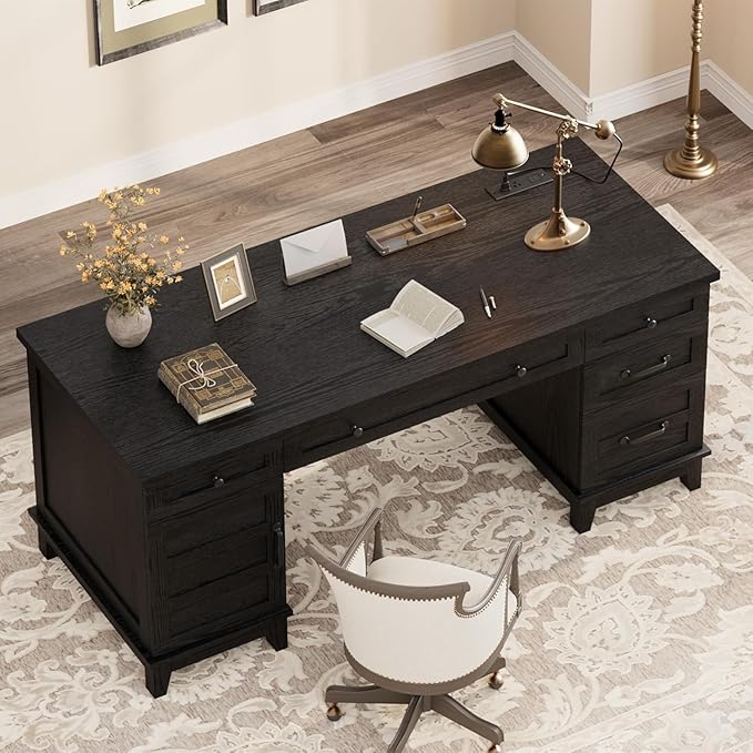 60 Inch Farmhouse Executive Desk with File Drawers for Home Office, Large Computer Desk with Storage Cabinet & Charging Station, Wooden Writing Table with Power Outlets & USB Ports for Work Study