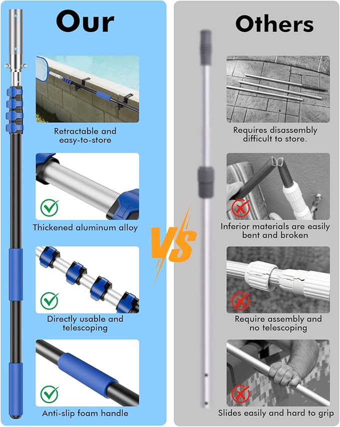 Pool Pole Telescopic 16FT Heavy Duty Upgraded Aluminum, 16 Ft Extension/Extendable Telescoping Tool for Above Ground/Inground Swimming Cleaning Supplies Accessories, Leaf Skimmer/Brush/Net/Vacuum/Mesh