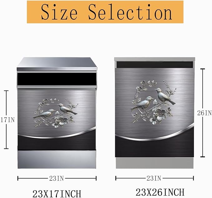 Dishwasher Cover Sheet Magnetic Bird Flower,Grey Metal Silver Pattern Polishing Dishwasher Skin Magnet Decor Silver Texture, 23X26 INCH Steelbird Magnet Rerigerator Wrap, Kitchen Full Panel Decal