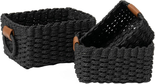 LA JOLIE MUSE Small Wicker Baskets for Organizing, Recycled Paper Rope Storage Basket Container Bins for Shelves Bathroom Cupboards Drawer, Decorative Square Basket Organizer Set of 3, Black