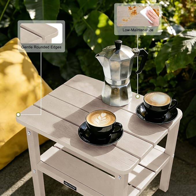 Outdoor Side Table HDPE Small Outdoor End Table Patio Side Tables Square for Backyard Pool Porch Balcony Double Layer Storage, Sand (Wood Grain Finish)