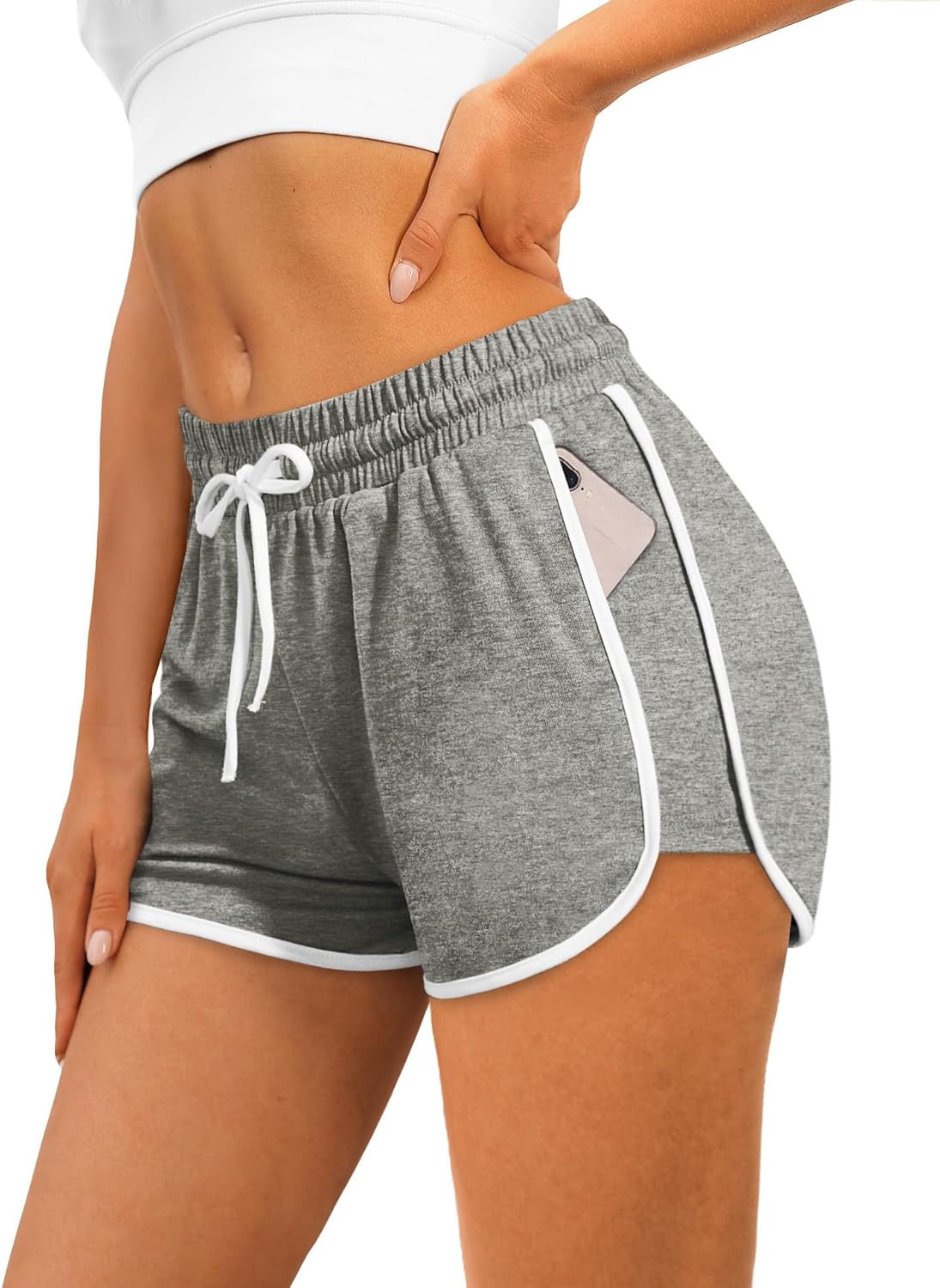 WIHOLL Women's Athletic Shorts - Color Block Dolphin Design with Pockets & Adjustable Drawstring