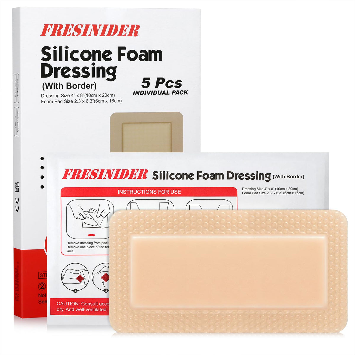 FRESINIDER 4" x 8" Pack of 5 Silicone Foam Wound Dressing - Waterproof Adhesive Bandages with Bordered - Super Absorbent & Breathable for Optimal Wound Care