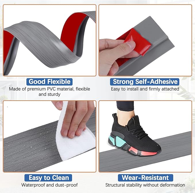 Vinyl Door Threshold Flooring Transition Strip Self Adhesive Carpet Edging Strip for Laminate Doorway Edge Threshold from 3/5" to 4/5" (Light Gray Wood Grain, 6.6 Ft)