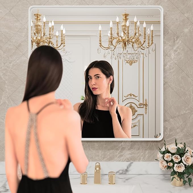 LOAAO 38x38 Inch White Metal Framed Bathroom Mirror