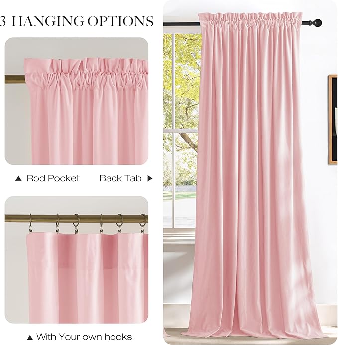 NICETOWN Baby Pink Velvet Curtains 96 inch Length, Room Darkening Thermal
