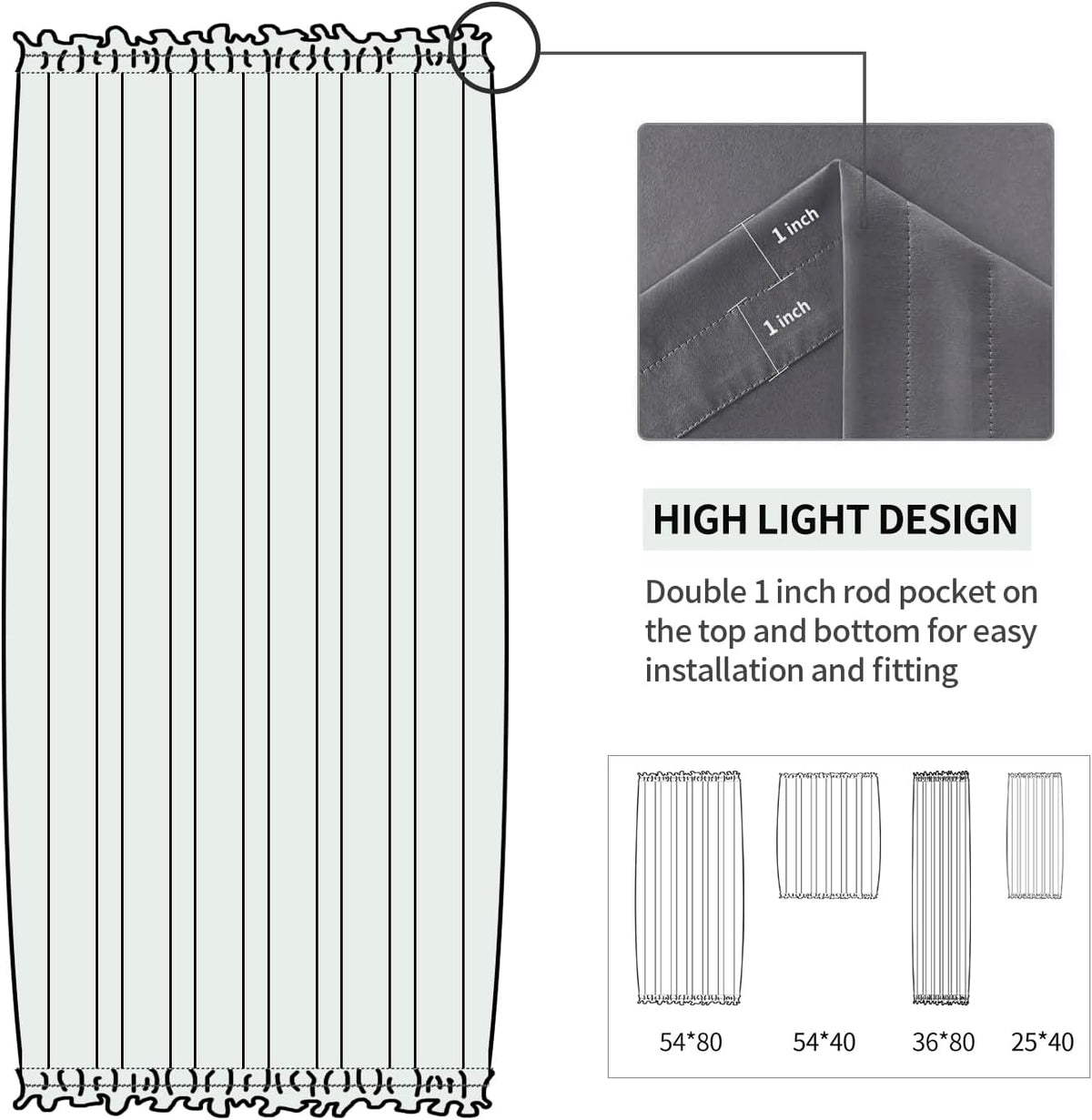 DWCN French Door Curtains – Rod Pocket Thermal Blackout Curtain for Window/Patio Doors/Doorways/Classroom/Kitchen for Privacy, 54W by 80L Inches, 1 Panel with Tieback, Dark Grey
