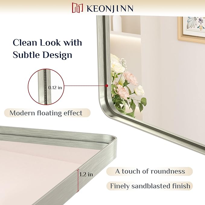 Keonjinn 32 x 36 Inch Brushed Nickel Bathroom Mirrors