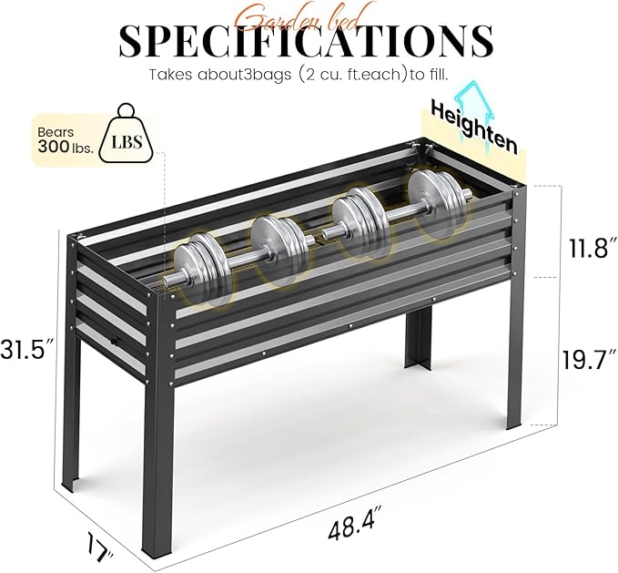 KING BIRD Raised Garden Bed with Legs & Water Storage Tank Galvanized Elevated Planter Box 48×17×31.5 in for Backyard, Patio, Balcony, 300lb Capacity, Dark Grey