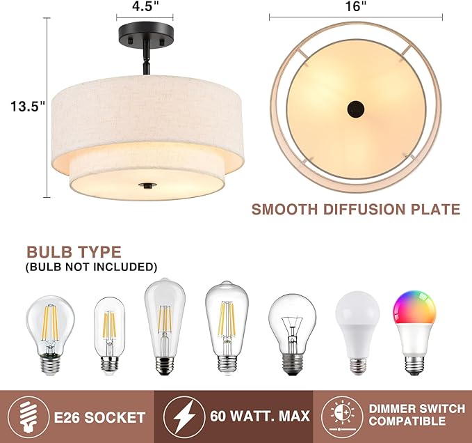 16" Semi Flush Mount Ceiling Light, Black 3 Light Double Drum Fabric Lampshade Lighting Fixture for Living Room, Bedroom, Dining Room, Kitchen, Hallway (Swivel Canopy for Sloped/Flat Ceiling)