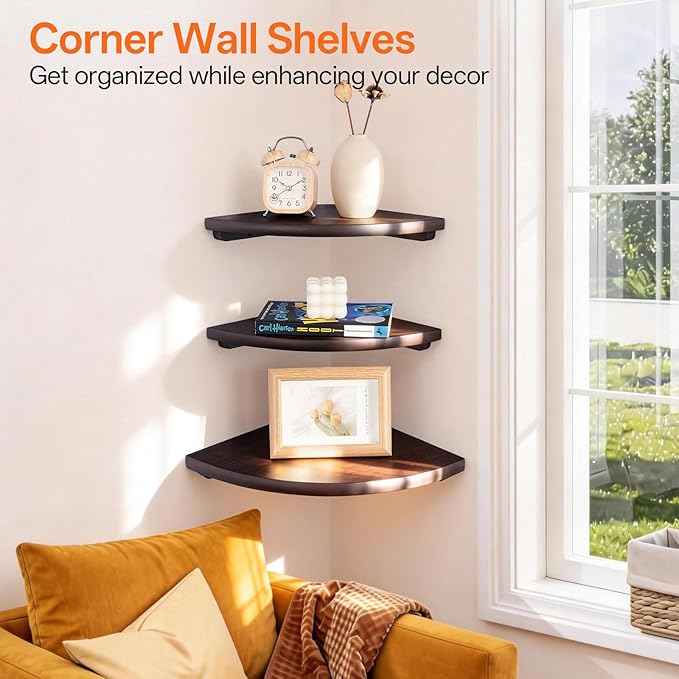 Gieanoo Floating Corner Shelves Set 2 10inch Walnut Solid Oak Rounded Corner