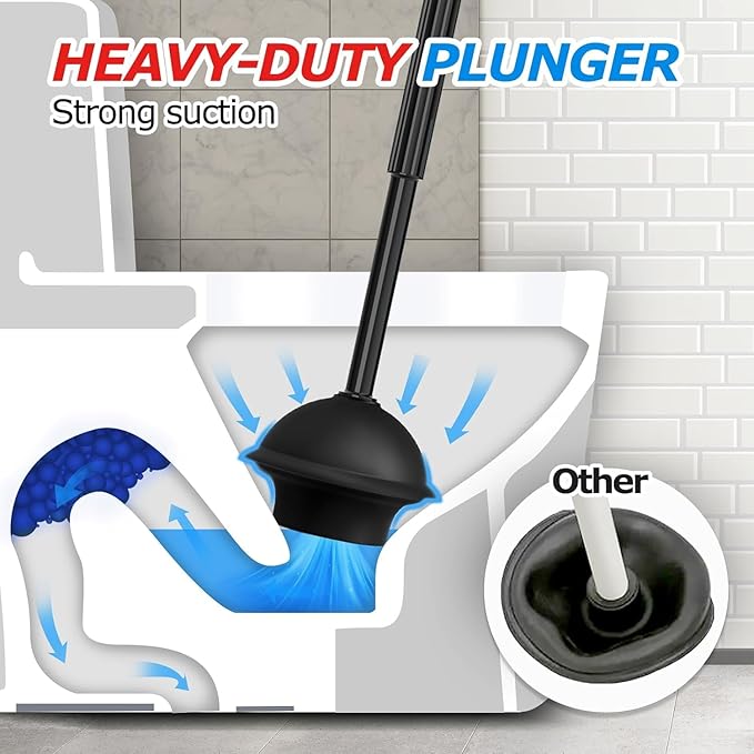 2Pack 2 in 1 Toilet Brush and Plunger Set, Extended Handle Plunger,Toilet Bowl Brush Plunger Set,Bathroom Cleaning Tools,Toilet Brush Plunger Combo,Cleaning Supplies，Black