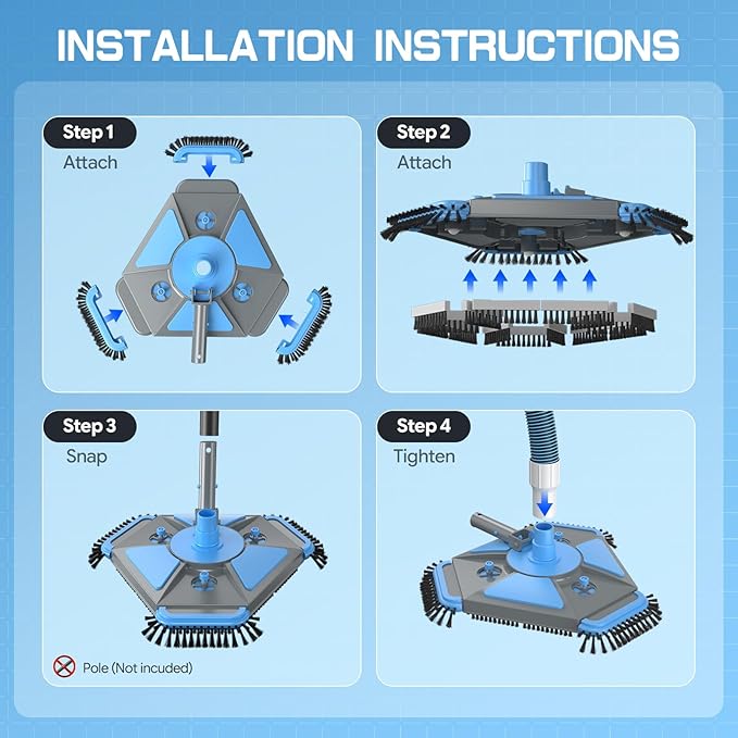 UIRWAY Upgrade Pool Vacuum Head with Side Brush & 360° Swivel Cuff, Heavy Duty Manual Kink-Resistant 1-1/2" x 40 Ft Vacuum Hoses, Weighted Triangular Shape for Inground & Above Ground Pool(No Pole)