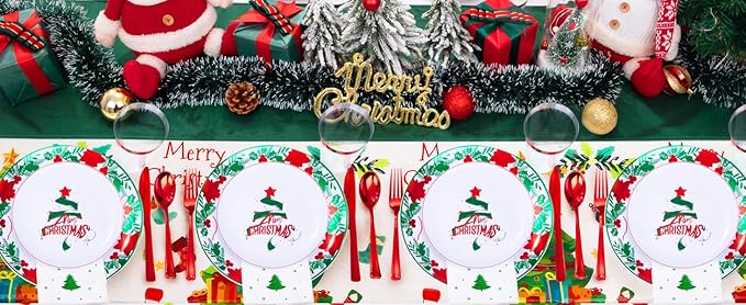 GATHER 176 Pieces Christmas Plastic Plates - Heavy Duty Christmas Disposable Dinnerware Set include 50 Plates, 75 Red Plastic Silverware, 25 Napkins, 25 Cups and 1 Tablecloth for Xmas Party