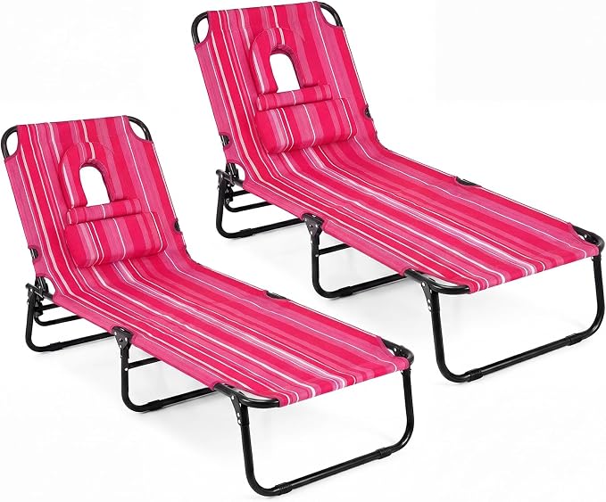 GYMAX Tanning Chair, Folding Lounge Chairs with Face Hole & Cover, Removable Pillow Carry Handle, Portable Compact Outdoor Layout Recliner for Beach, Poolside, Lawn, Patio, Camping (Pink Stripe,2)