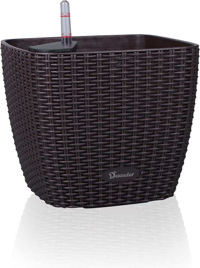 Dexceder 9x8 Self Watering Planter Indoor Outdoor, Inner Mat Design, Thickened Table Flower Plant Pot with Water Level Indicator (Brown Rattan)
