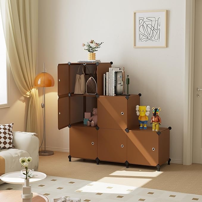 Cube Storage Organizer, 6-Cube Shelves Unit with Doors, DIY Stackable Plastic Clothes Organizer for Bedroom and Under Stairs Storage Unit, Each Compartment 30 x 30 x 30 cm Brown ATTSL6007