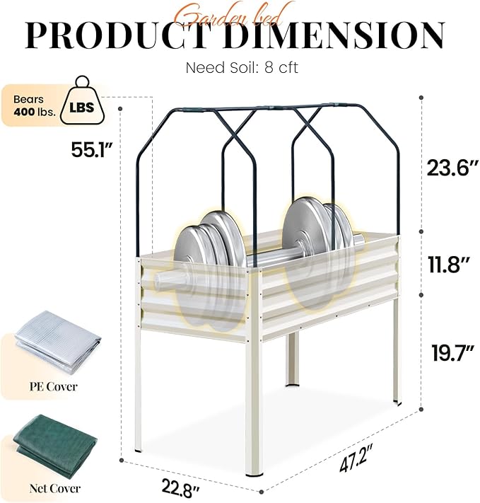 KING BIRD Raised Garden Bed with Cover & Netting Galvanized Elevated Large Planter Box with Legs for Backyard, Patio, Balcony, 400lb Capacity, Beige, 48×24×56 in