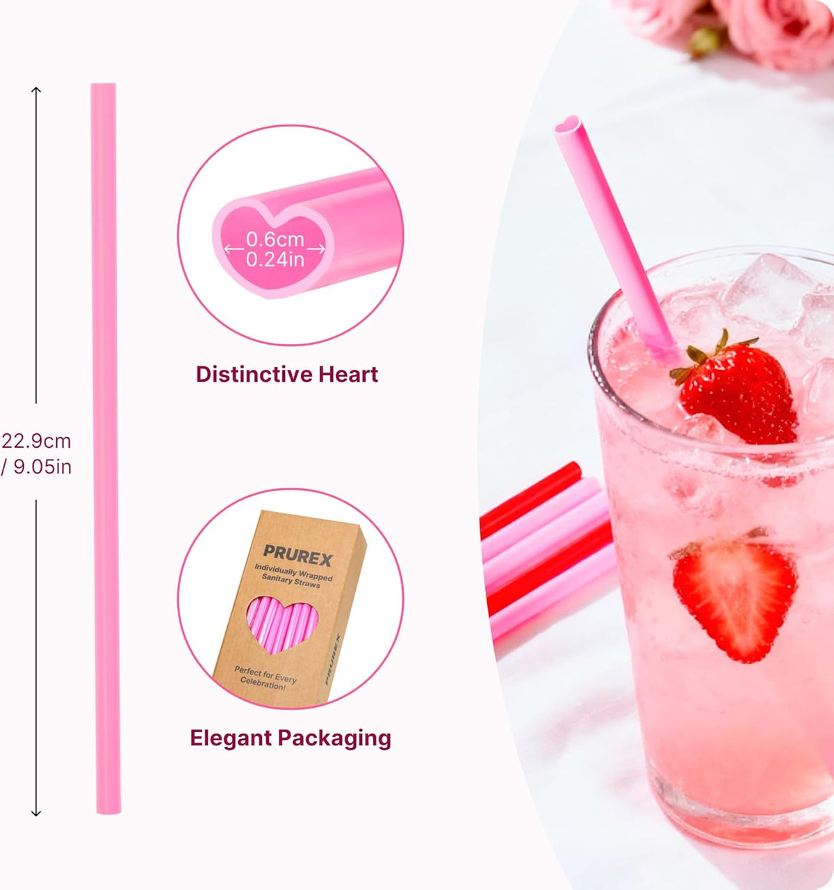 Skiennix Heart Shaped Pink Straws - 50pcs Individually Wrapped Disposable Drinking Straws for Parties & Events