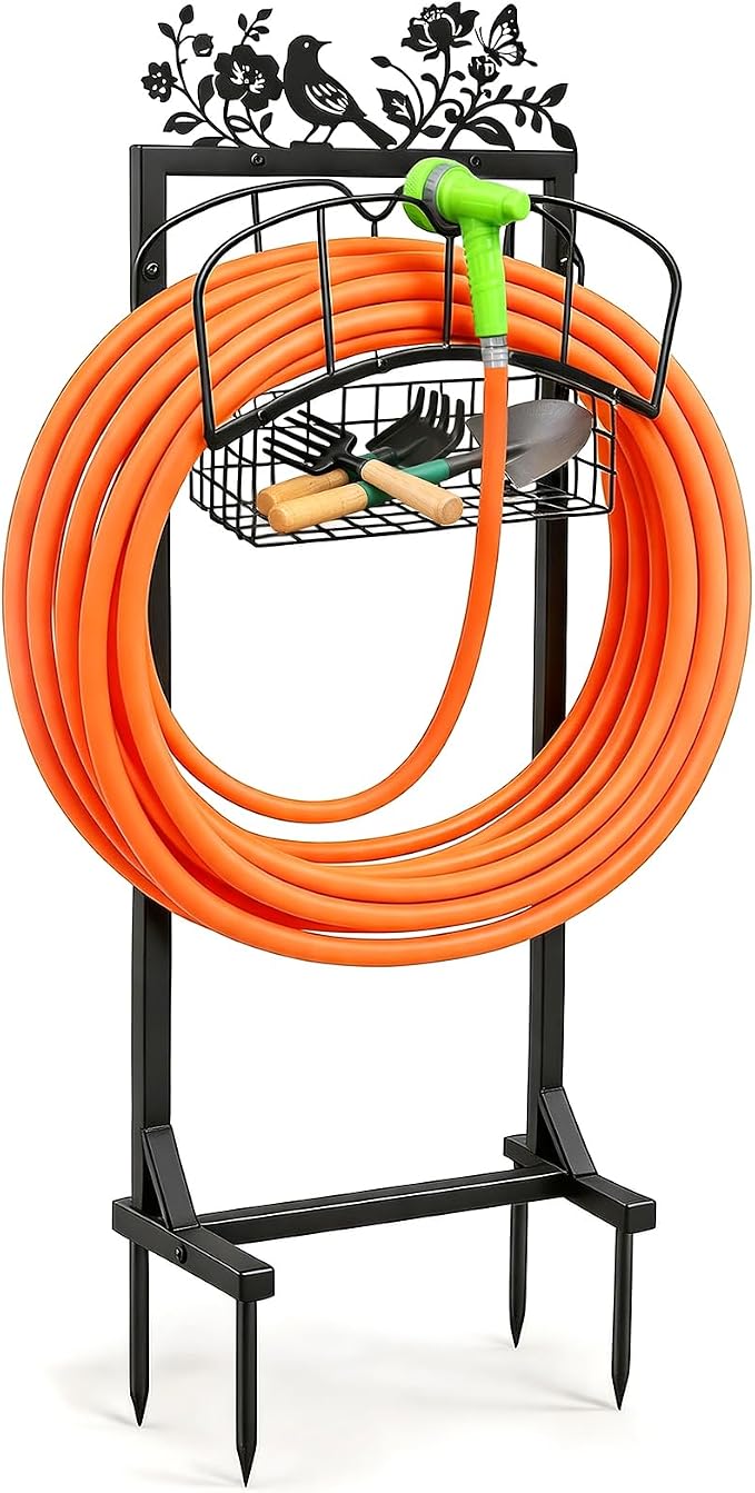 Garden Hose Holder with Metal Decor Signs, Adjustable Height Stable Water | Hose Reel Holders with Holds 150 ft Pipe, Storage Hanger Basket Rack Freestanding Decorative Stand for Outdoor Yard Lawn Farm