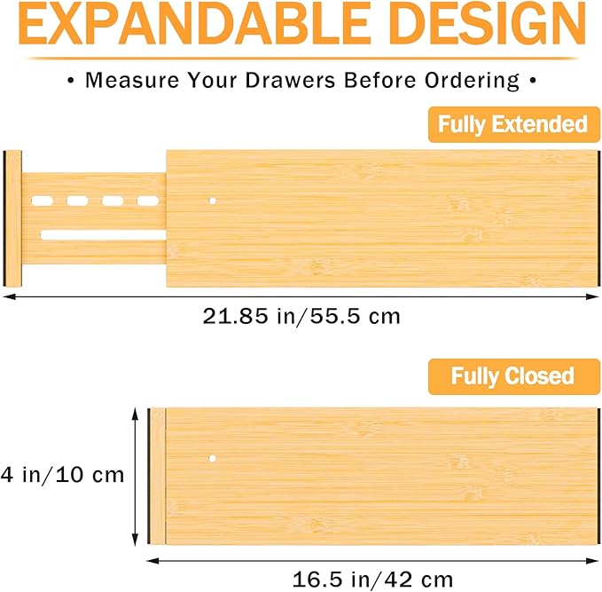 Bamboo Drawer Dividers 4" High, 16.5-22" Adjustable Drawer Organizers for Clothes,Expandable Dresser Separators in Bedroom/Kitchen/Bathroom/Office Organization and Storage,2 Pack