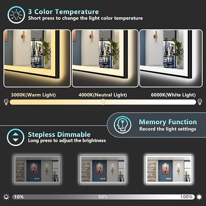 50x30 Black Framed LED Bathroom Mirror