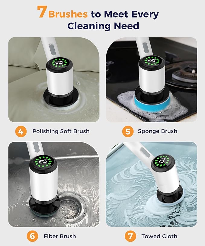Electric Spin Scrubber, Cordless Cleaning Brush with 7 Replaceable Brush Heads, 2-Speed Adjustable Handle Shower Scrubber, IPX7 Waterproof for Bathroom, Tub, Tile & Floor, Teens, White-qe2...