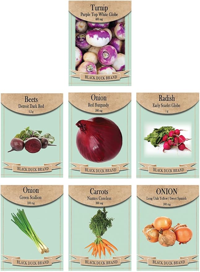 Root Vegetable Seed Set - 7 Varieties of Non-GMO Heirloom Premium Seeds for Planting - Onions, Carrot, Radish, Beet, and Turnip